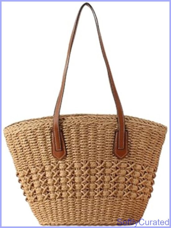 Handbags - Handwoven Straw Bucket Tote Bag Summer Beach Purse Top Handle